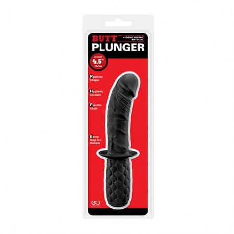 Черный изогнутый анальный фаллоимитатор BUTT PLUNGER с ручкой-ограничителем